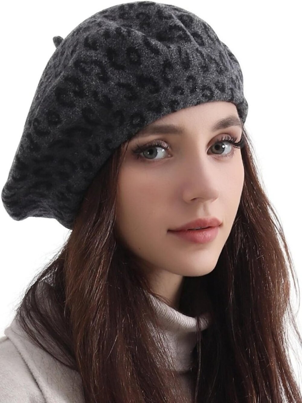 Women's Classic Wool Leopard French Painter Beret Hats Leopard Print Grey